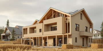 Modernes Mehrfamilienhaus im Bau mit sichtbaren Hanfbeton-Wänden und Holzrahmenkonstruktion