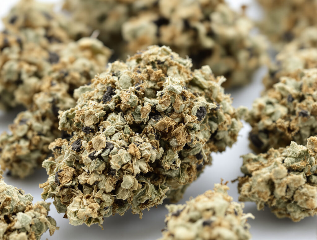 Nahaufnahme einer verfallenen medizinischen Cannabis-Blüte mit Oxidationsspuren