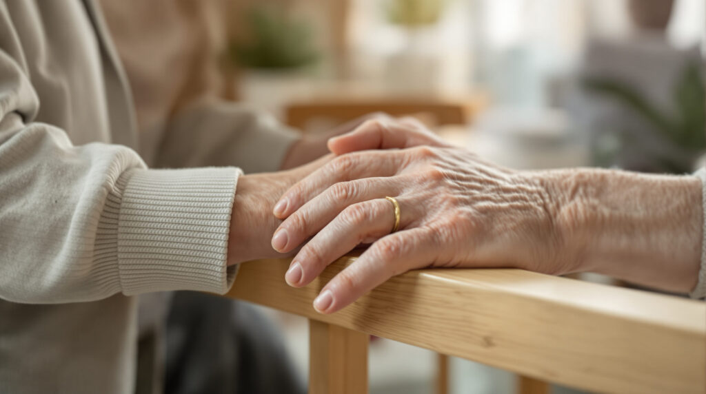 Pflegende Hand unterstützt ältere Person im Pflegekontext