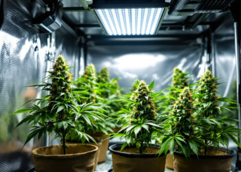 Professionelles Indoor-Growzelt mit drei blühenden Cannabispflanzen unter LED
