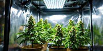 Professionelles Indoor-Growzelt mit drei blühenden Cannabispflanzen unter LED