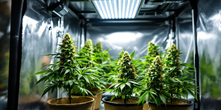 Professionelles Indoor-Growzelt mit drei blühenden Cannabispflanzen unter LED
