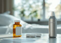 Rezeptflasche und medizinischer Vaporizer auf Nachttisch im Krankenzimmer