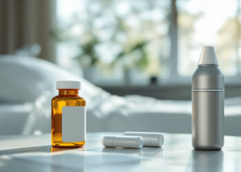 Rezeptflasche und medizinischer Vaporizer auf Nachttisch im Krankenzimmer