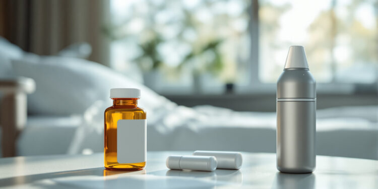 Rezeptflasche und medizinischer Vaporizer auf Nachttisch im Krankenzimmer
