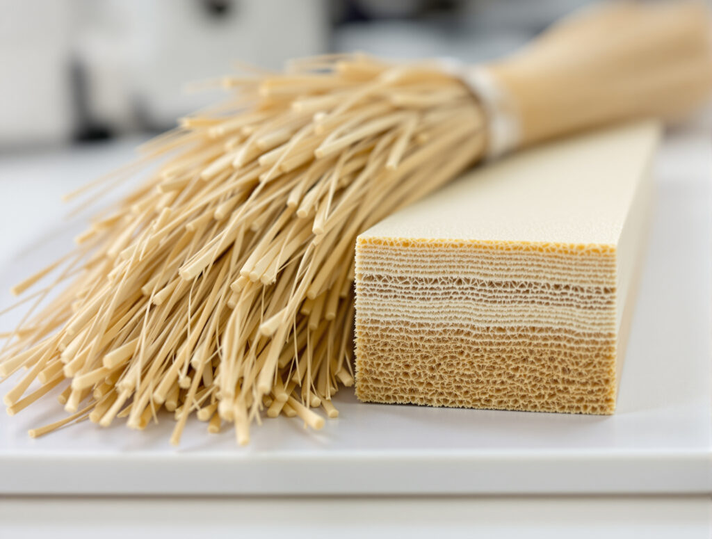 Rohe Hanffasern neben Querschnitt eines Naturfaser-Verbundwerkstoffs