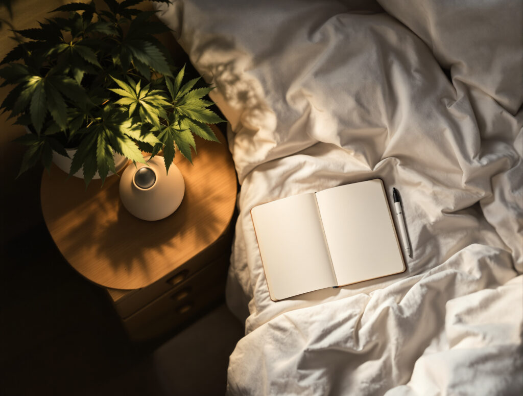 Schlafzimmer-Szene mit Notizbuch, Diffuser und Cannabispflanze bei warmem Licht
