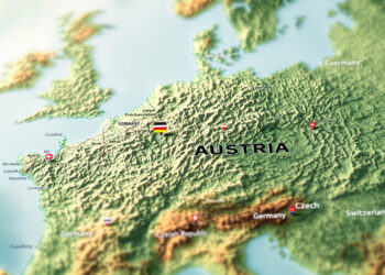 Topografische Karte Mitteleuropas mit Österreich als Zentrum zwischen Nachbarländern