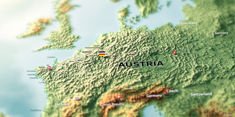 Topografische Karte Mitteleuropas mit Österreich als Zentrum zwischen Nachbarländern