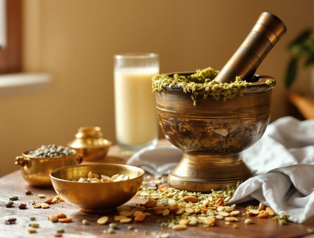 Traditionelle Bhang-Zubereitung mit Mörser, Gewürzen und Milchprodukten