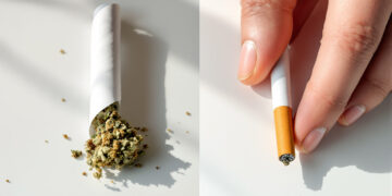 Vergleich eines Cannabis-Joints und einer Tabakzigarette auf weißer Fläche