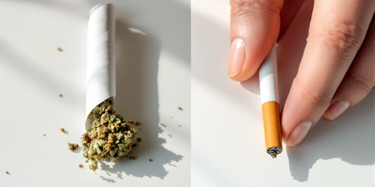 Vergleich eines Cannabis-Joints und einer Tabakzigarette auf weißer Fläche