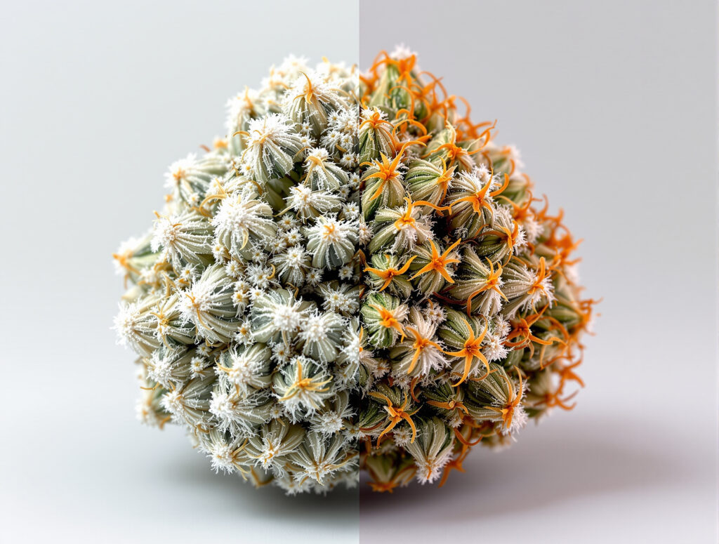 Visuelle Darstellung der Decarboxylierung: rohe THCA-haltige Blüte vor und nach Hitzeeinwirkung