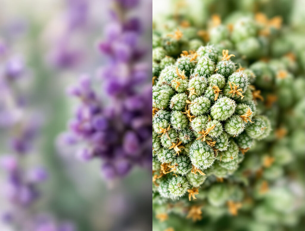 Visuelle Gegenüberstellung von Lavendel und Cannabis zur Veranschaulichung des gemeinsamen Terpens Linalool