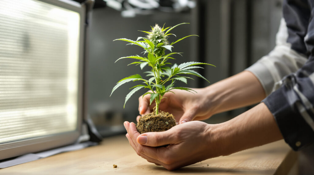 Vorsichtiges Entfernen einer männlichen Cannabispflanze aus dem Anbauraum