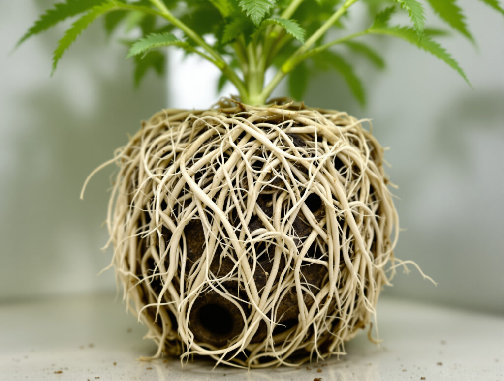 Wurzelgebundener Cannabis-Wurzelballen mit kreisenden Wurzeln