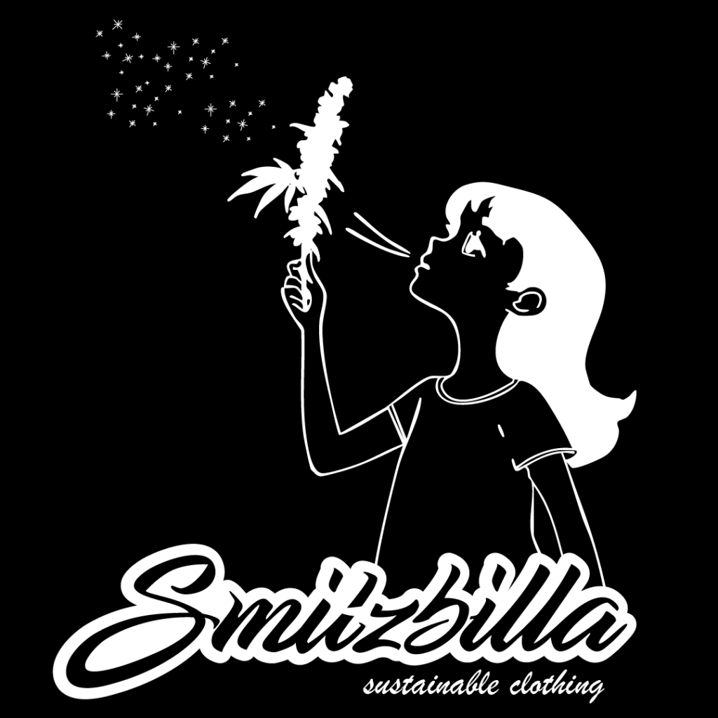 Smitzbilla-Logo: ein Mädchen pustet Pollen von einer Hanfblüte in den Wind