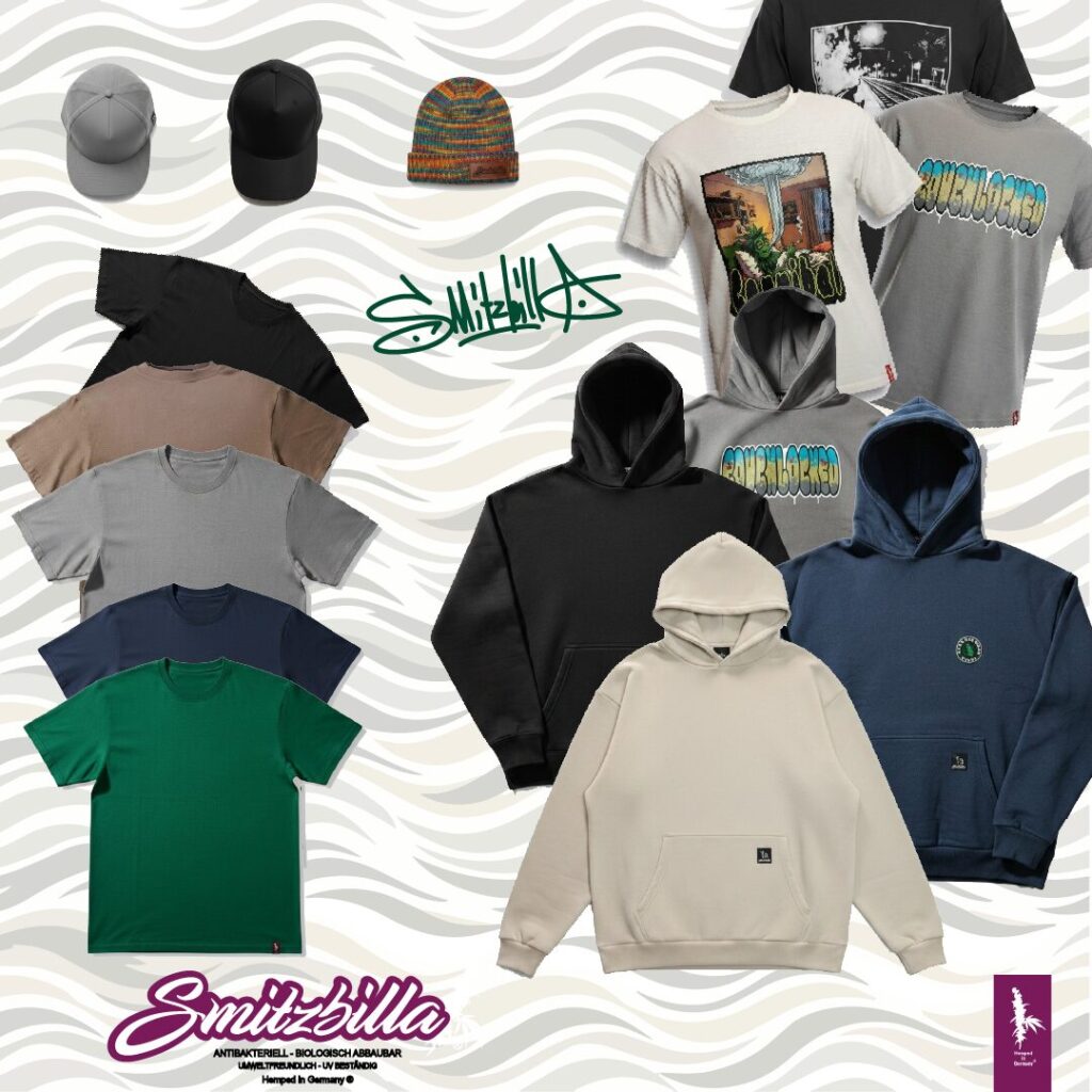 Auswahl an T-Shirts und Hoodies aus Hanf und Bio-Baumwolle von Smitzbilla