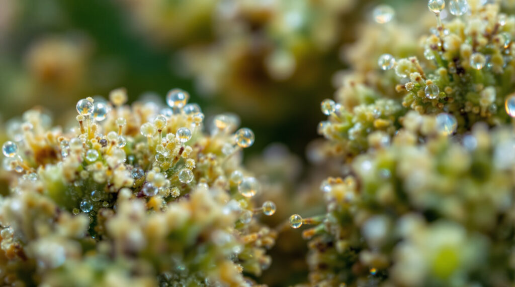 Nahaufnahme von Cannabis-Trichomen mit sichtbaren Terpenen und Cannabinoiden als Symbol für den Entourage-Effekt
