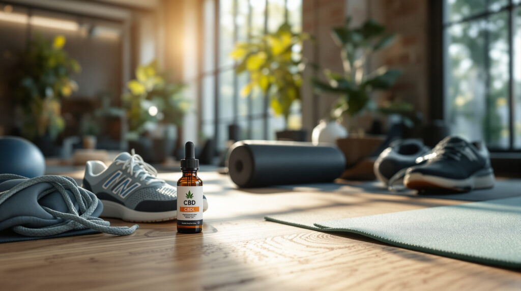 Sportausrüstung und CBD-Öl auf Holzboden in hellem Fitnessstudio