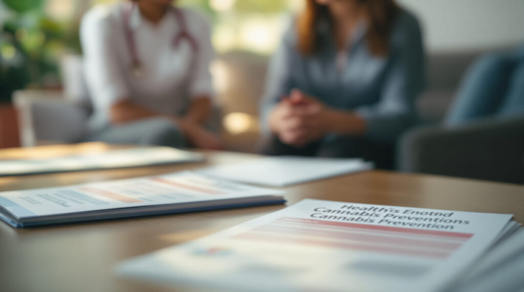 Beratungsgespräch zur Cannabis-Prävention mit Informationsmaterialien auf einem Tisch