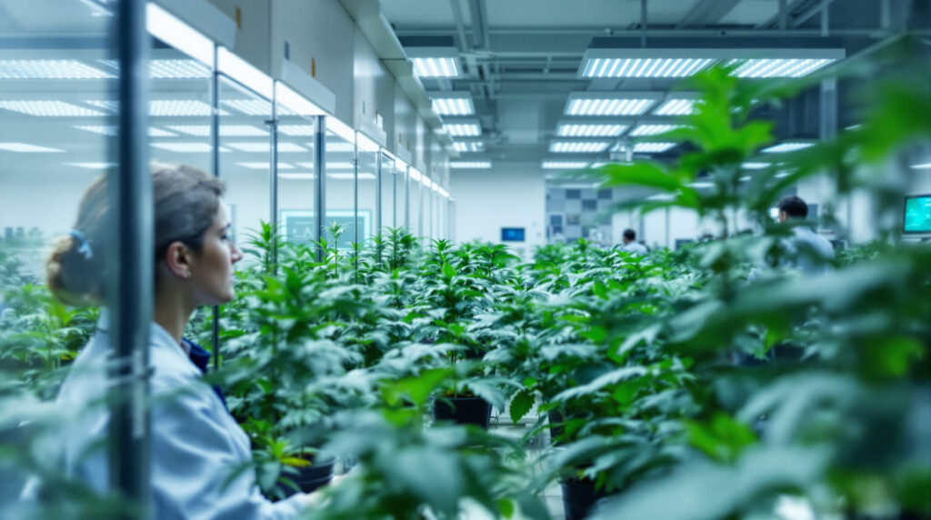 Wissenschaftliche Cannabis-Forschung in einem modernen Labor mit kontrollierten Anbaubedingungen
