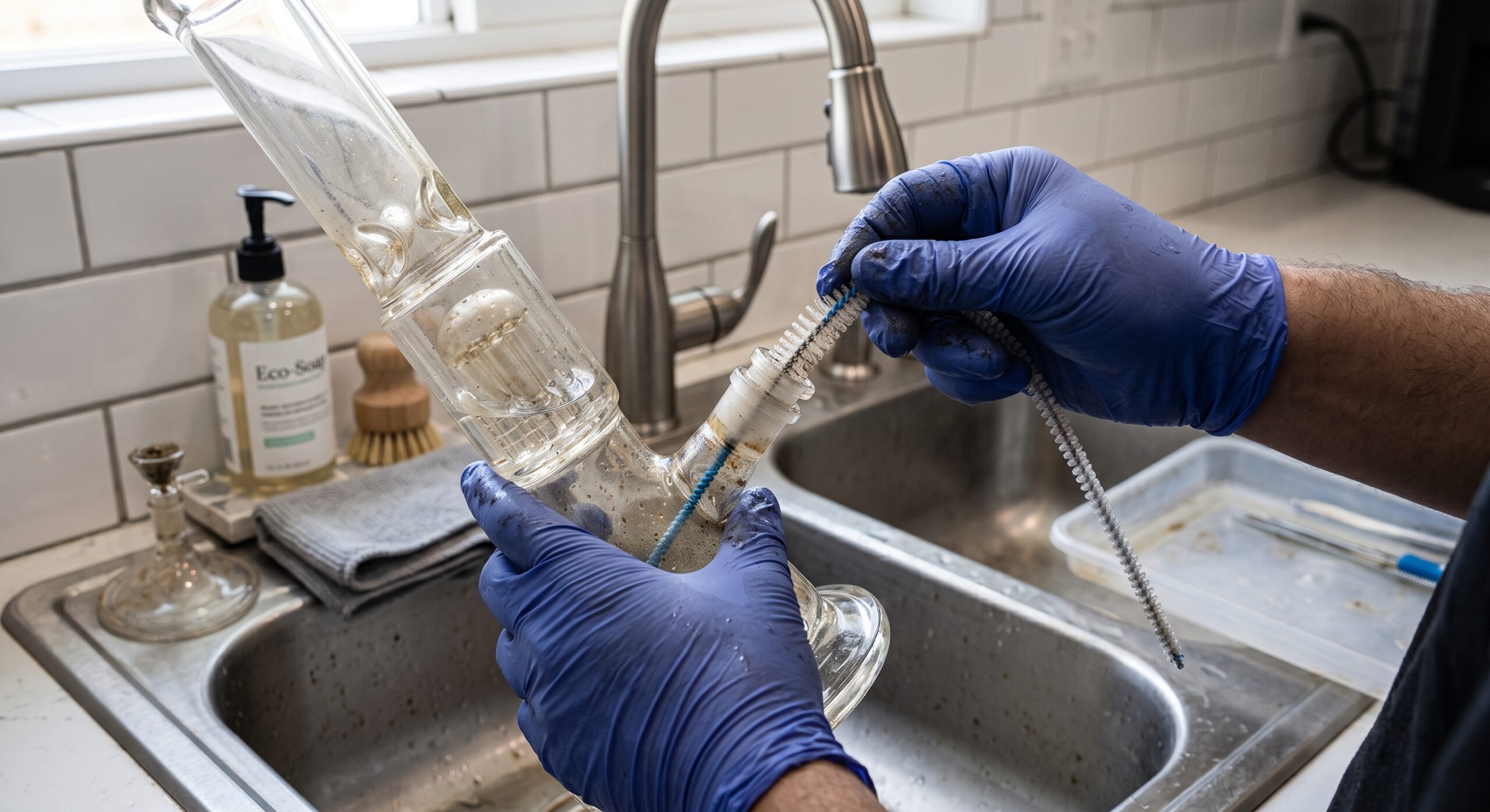 Reinigung einer Glasbong mit Bürste und Handschuhen am Spülbecken