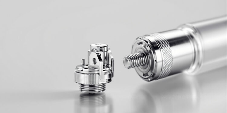 510-Gewinde-Anschluss einer Vape-Cartridge und Batterie im Detail