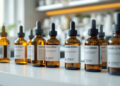 Apotheken-Arbeitsplatz mit Cannabisextrakt-Flaschen