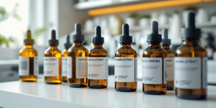 Apotheken-Arbeitsplatz mit Cannabisextrakt-Flaschen