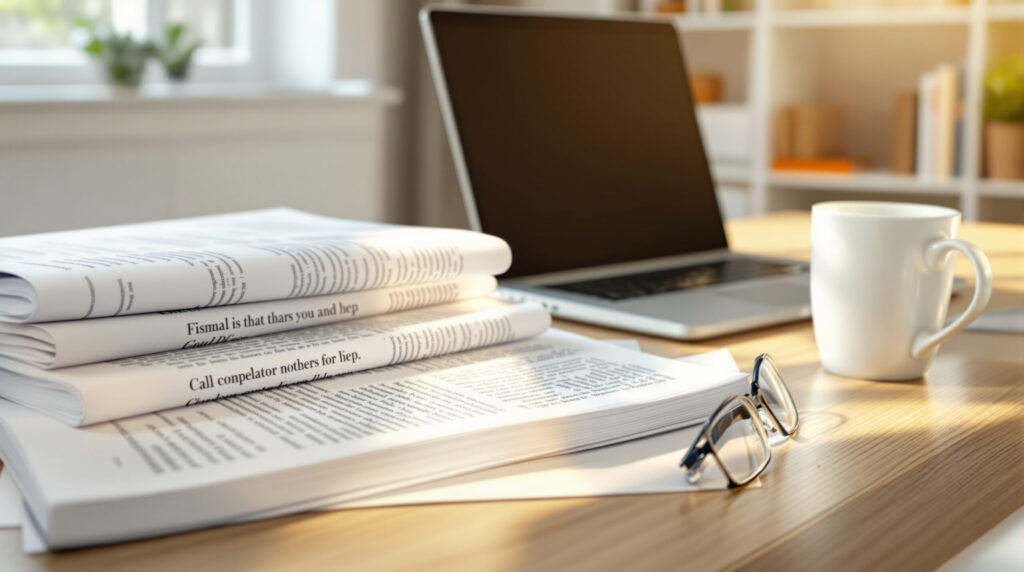 Arbeitsplatz mit Forschungsliteratur und geöffnetem Laptop