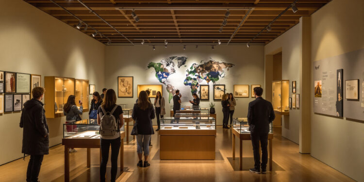 Ausstellungsraum im Hanf Museum Berlin mit Besuchern von hinten