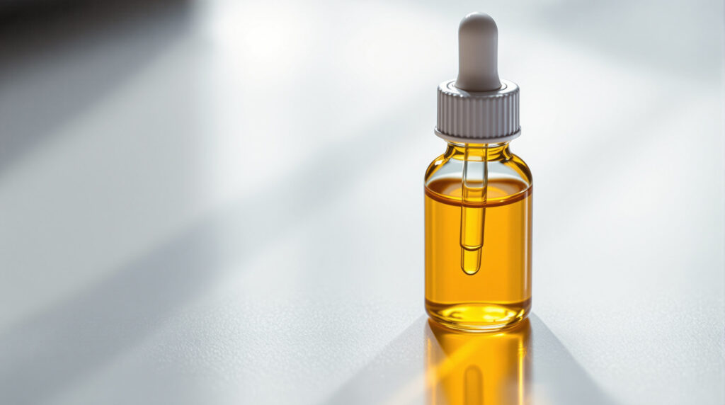 Bernsteinfarbenes Dronabinol-Öl in pharmazeutischer Tropfflasche