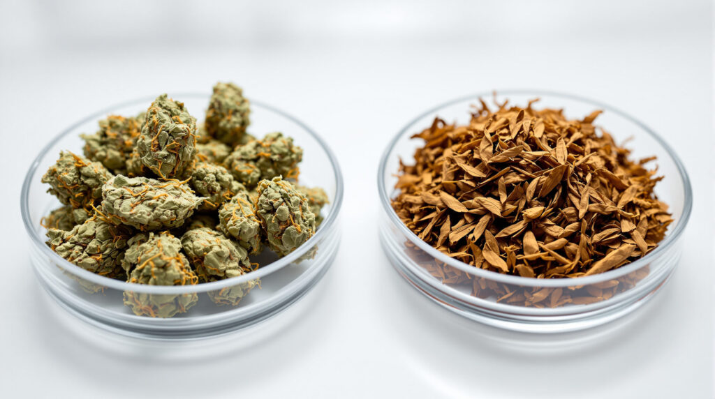 Cannabis und Tabak getrennt in Laborgefäßen für Forschungszwecke