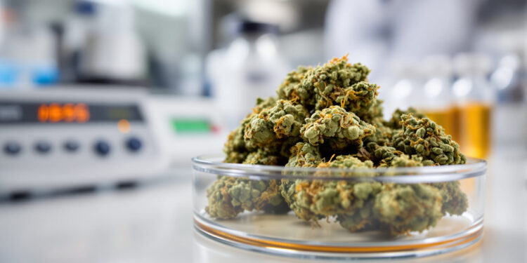 Cannabisblüte in Laborpetrischale zur Qualitätskontrolle des THC-Gehalts