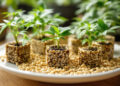 Cannabissamen und bewurzelte Stecklinge auf Keramikteller, Tageslicht