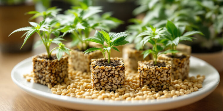 Cannabissamen und bewurzelte Stecklinge auf Keramikteller, Tageslicht