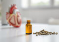 CBD-Ölflasche auf Labortisch mit anatomischem Herzmodell im Hintergrund