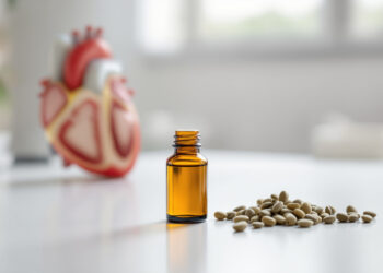 CBD-Ölflasche auf Labortisch mit anatomischem Herzmodell im Hintergrund