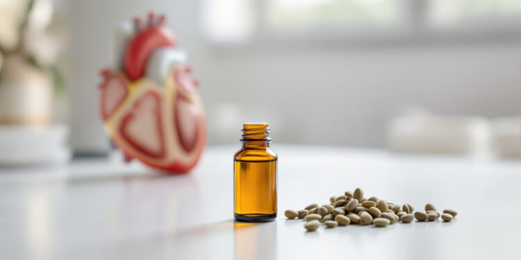 CBD-Ölflasche auf Labortisch mit anatomischem Herzmodell im Hintergrund
