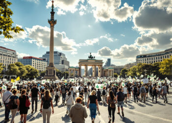 Demonstration am Alexanderplatz in Berlin mit Neptunbrunnen im Vordergrund