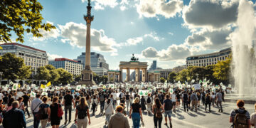 Demonstration am Alexanderplatz in Berlin mit Neptunbrunnen im Vordergrund