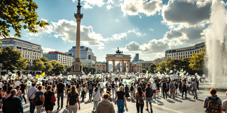 Demonstration am Alexanderplatz in Berlin mit Neptunbrunnen im Vordergrund