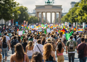 Demonstration in Berlins Regierungsviertel an einem Sommertag mit wenigen hundert Teilnehmern