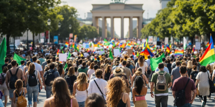 Demonstration in Berlins Regierungsviertel an einem Sommertag mit wenigen hundert Teilnehmern