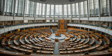 Deutscher Bundestag Plenarsaal von oben, leere Abgeordnetenbänke