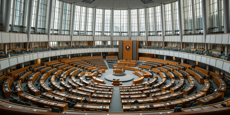 Deutscher Bundestag Plenarsaal von oben, leere Abgeordnetenbänke
