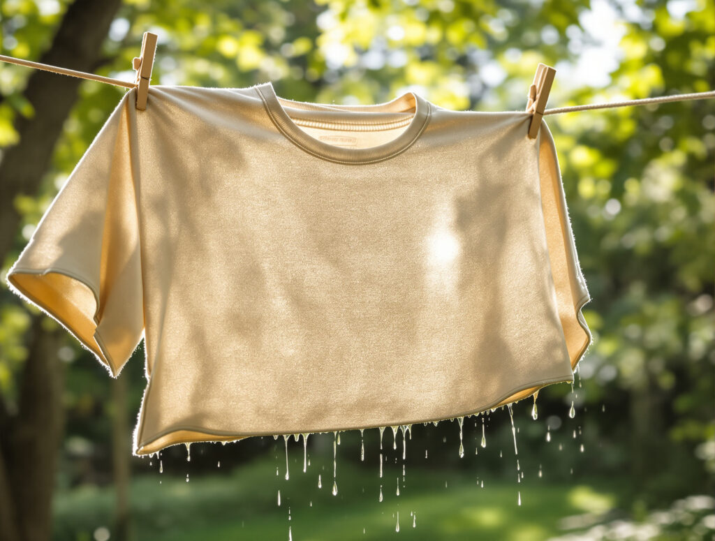 Feuchtes Hanfhemd trocknet im Schatten an der Wäscheleine