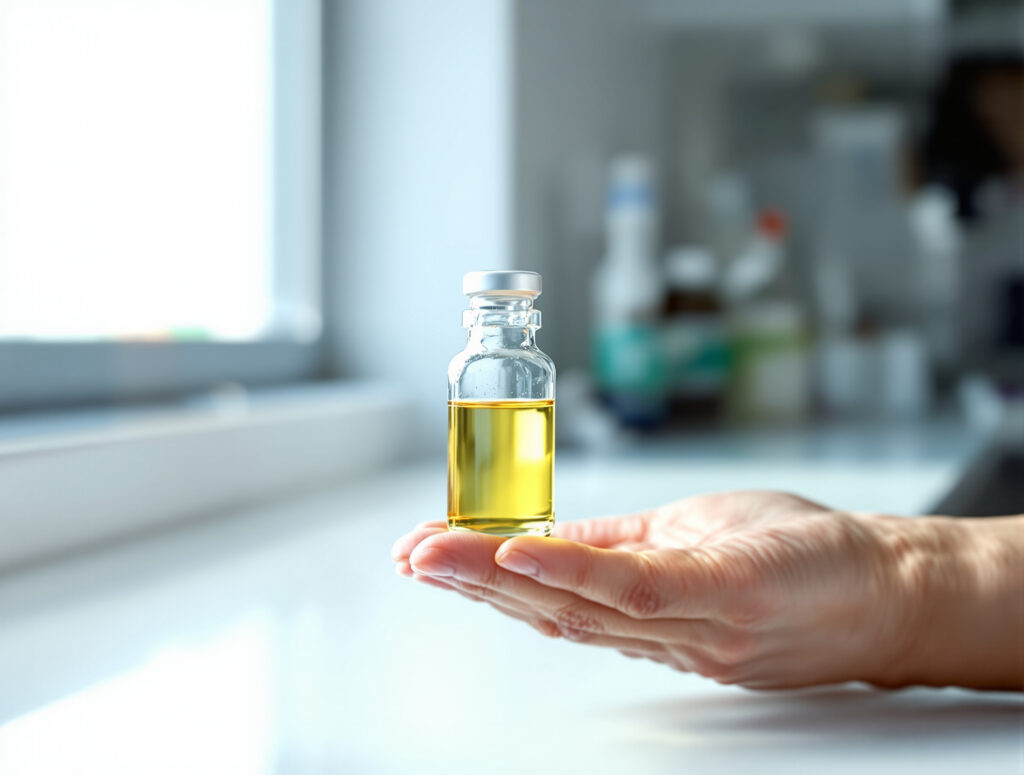 Forscherin hält Phiole mit Cannabinoid-Extrakt im Labor