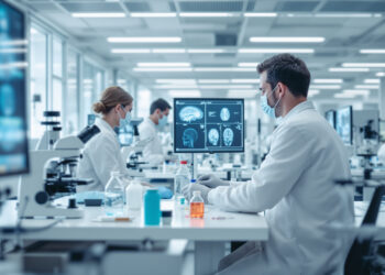 Forschungslabor mit mehreren Arbeitsstationen und wissenschaftlicher Ausrüstung
